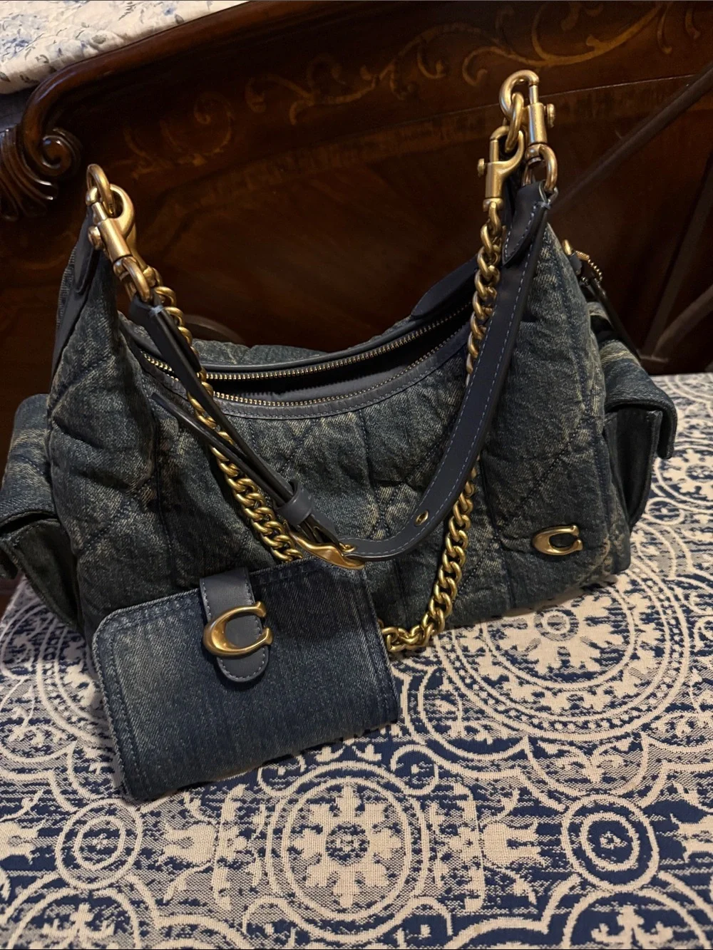 Coach Quilted Denim Shoulder Bag and Matching Wallet - Navy Gold Hardware - Picture 1 of 1